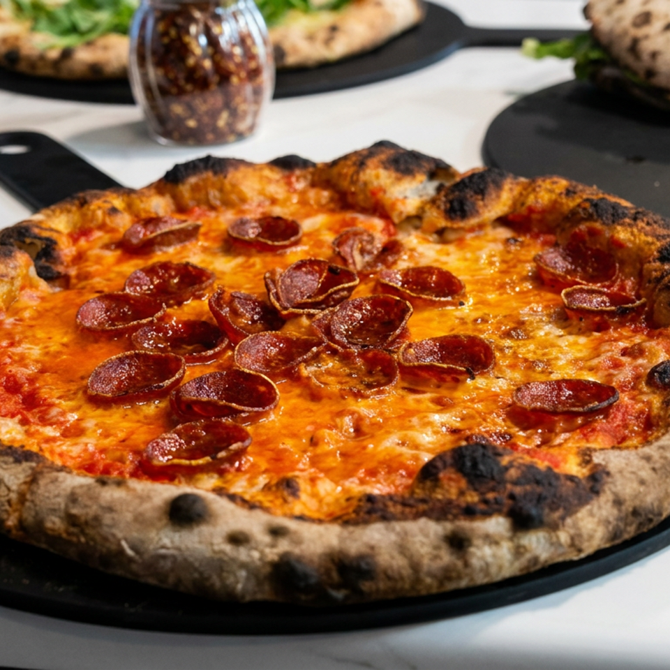 Pepperoni pizza with melted cheese and a charred crust served on a black platter, with flatbreads in the background.