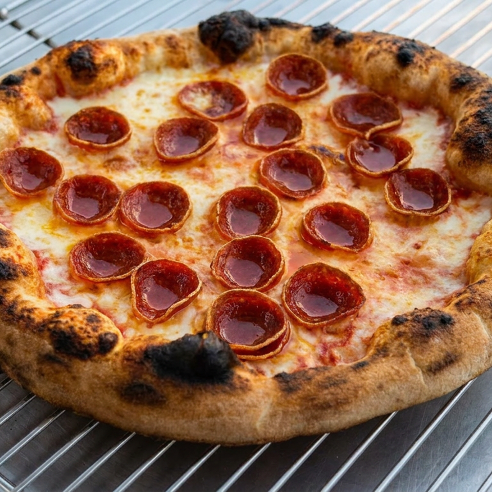 Pepperoni pizza with melted cheese and a charred crust cooling on a metal wire rack.