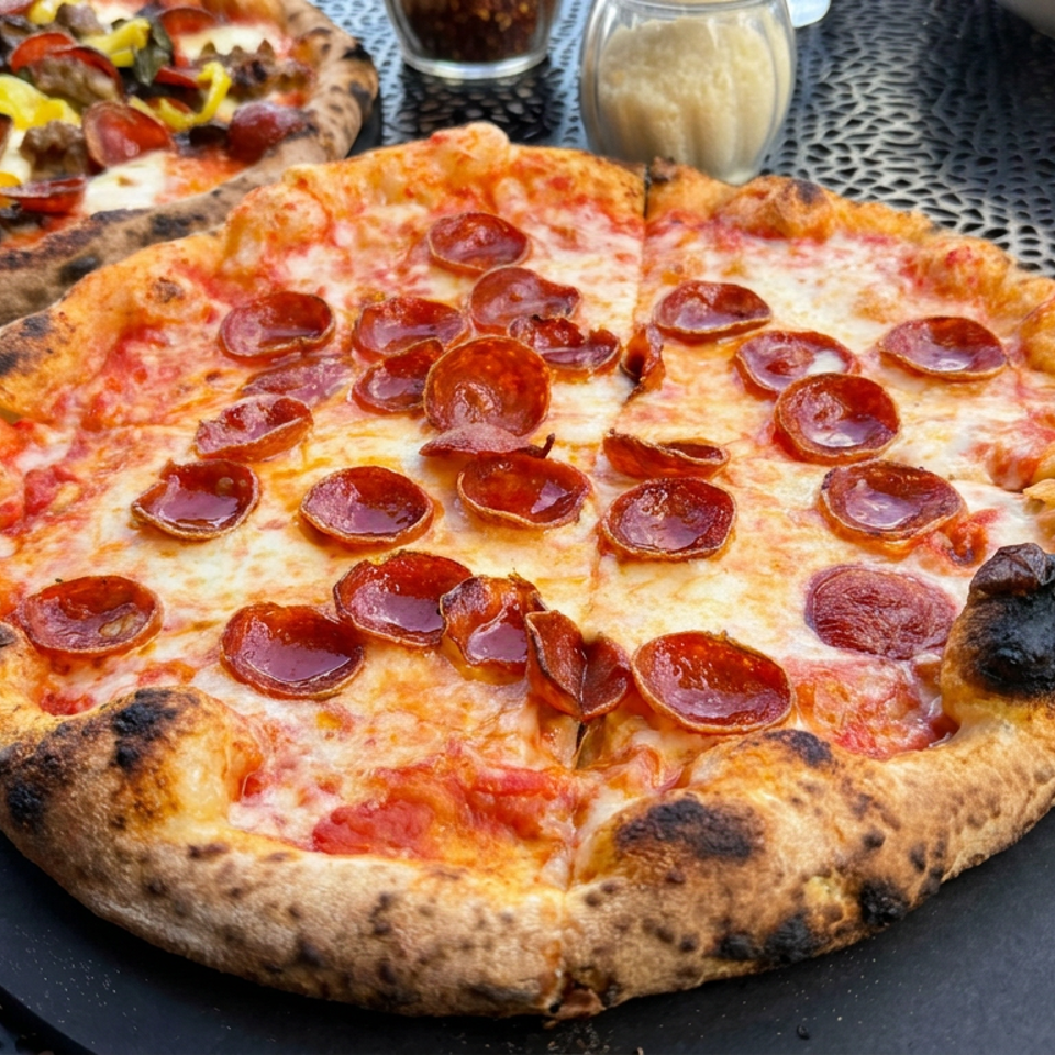 Pepperoni pizza with a charred crust on a black serving board, accompanied by a loaded vegetable and meat pizza on an outdoor table.