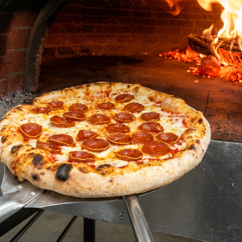 Pepperoni pizza with a charred crust rests on a metal peel in front of a roaring wood-fired brick oven.