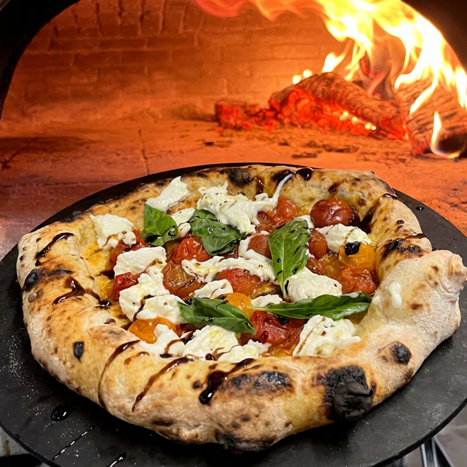 Wood-fired pizza topped with tomatoes, fresh mozzarella, basil, and balsamic glaze beside a blazing brick oven.