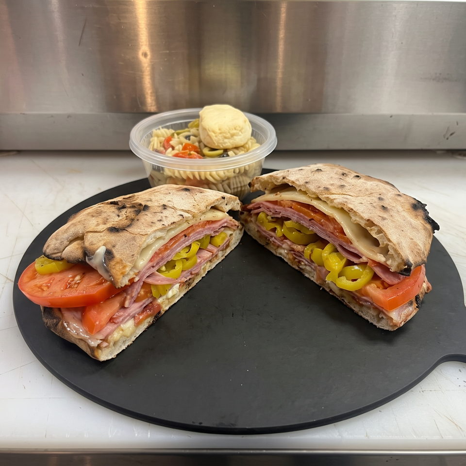 Two toasted Italian sandwiches with ham, cheese, tomatoes, and peppers served alongside pasta salad on a black platter.