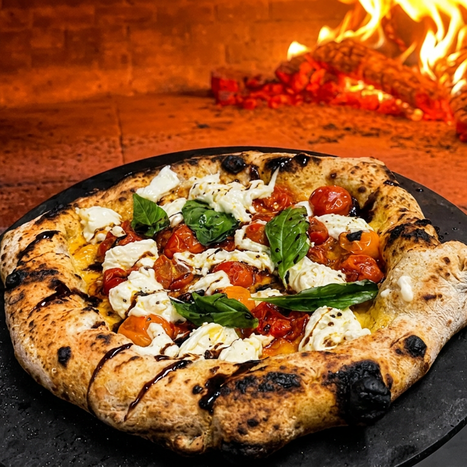 Neapolitan pizza topped with roasted tomatoes, creamy cheese, and basil on a black plate before a wood-fired oven.